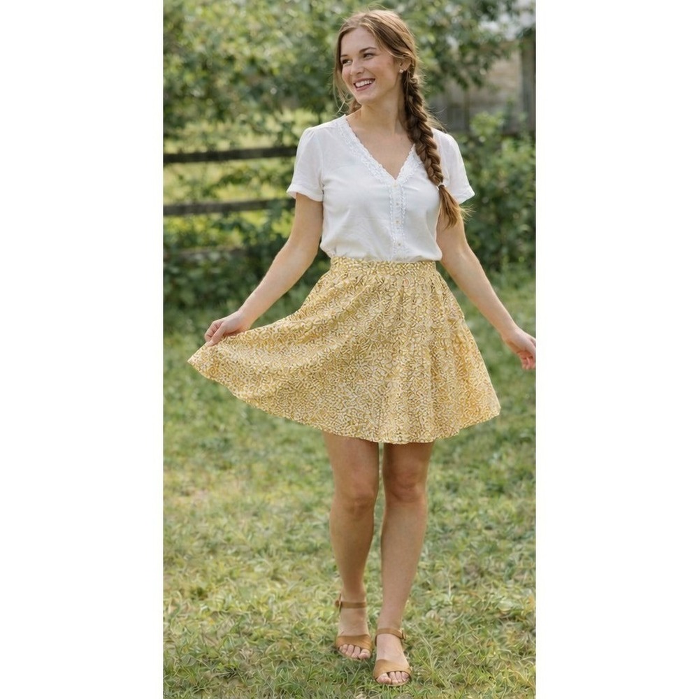Yellow Ditsy Floral Cotton Mini Skort Elastic Waist Tiered Ruffle Shorts Large